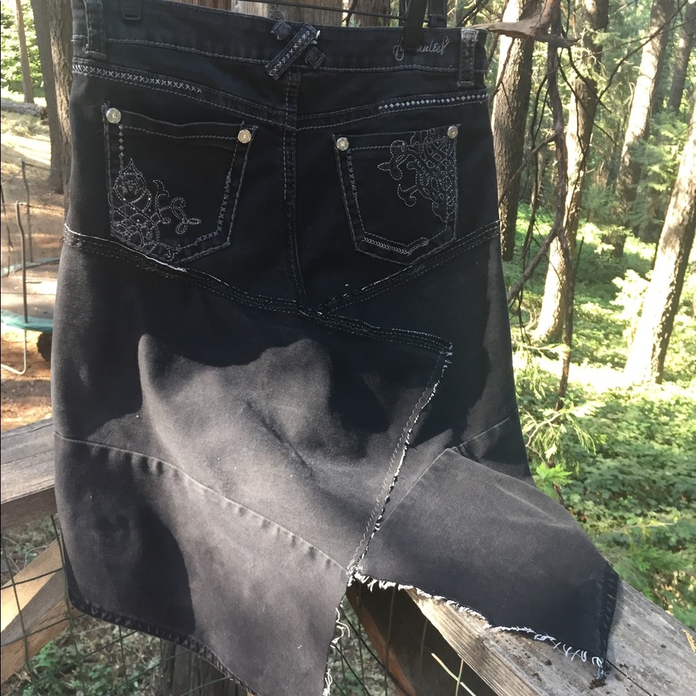 Kreativekristen upcycled stretchy black denim hem boho asymmetric skirt - Picture 2 of 15